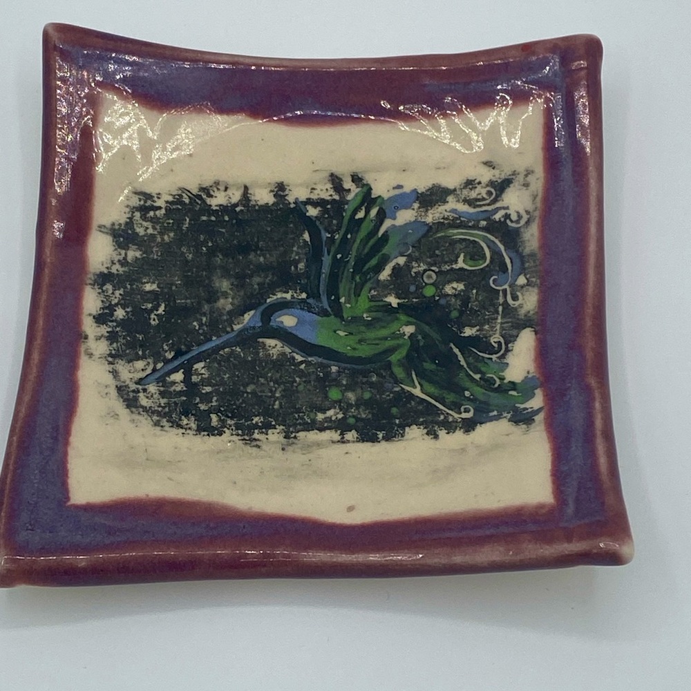 Signed Handmade Studio Pottery Trinket Dish With Hand Painted With Hummingbird